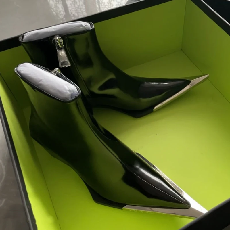 2025 Side Zipper Fashion Women's Ankle Boots Metal Pointed Toe Ladies Shoes Crude Heel Western Cowboy Boots