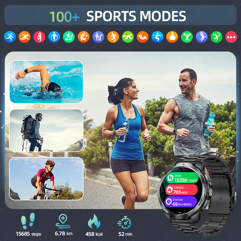 LIGE New 1100mAh Battery Smart Watches For Man Outdoor Sport LED Flashlight Compass Men’s Smartwatch Bluetooth Call Men Watches