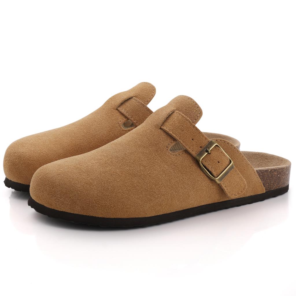 Evshine Cow Suede Cork Slippers Women Fashion Clogs Mules Footbed Cork Mules Men Baotou Slippers Summer Cork Sandals Comfy Mules