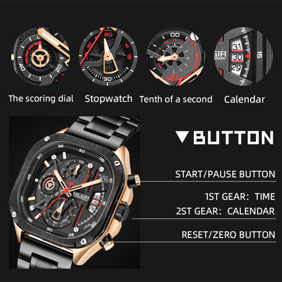 MEGIR Luxury Mens Stainless Steel Watches Fashion Brand Business Quartz Wristwatch Date Luminous Chronograph Casual Clock 2217
