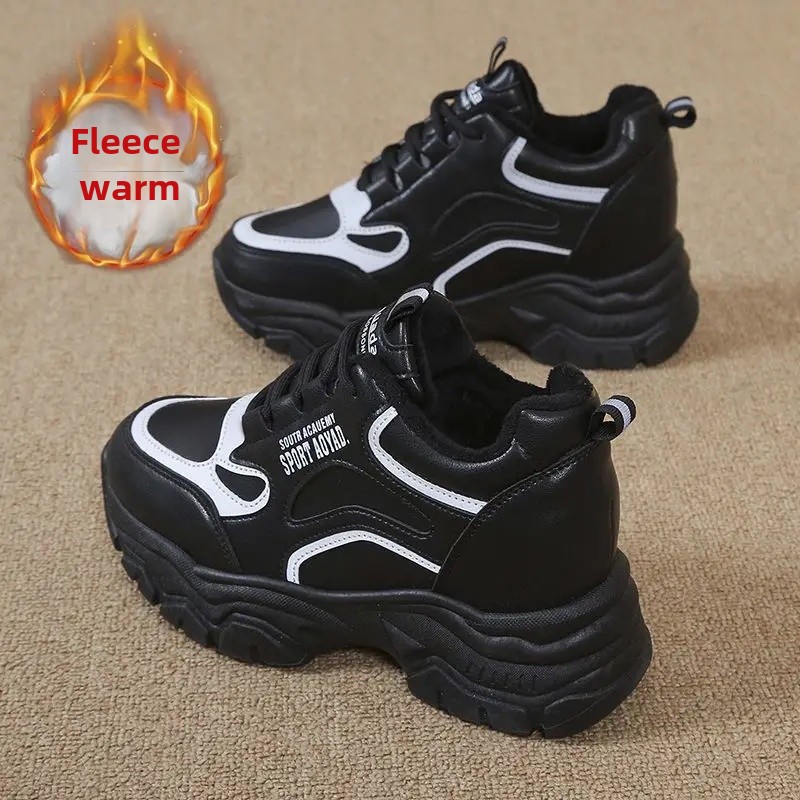 Women's Winter Thickened Sole Fleece Lined Casual Sporty Dad Shoes Trendy Flat Footwear Comfortable Slip-On Sneakers