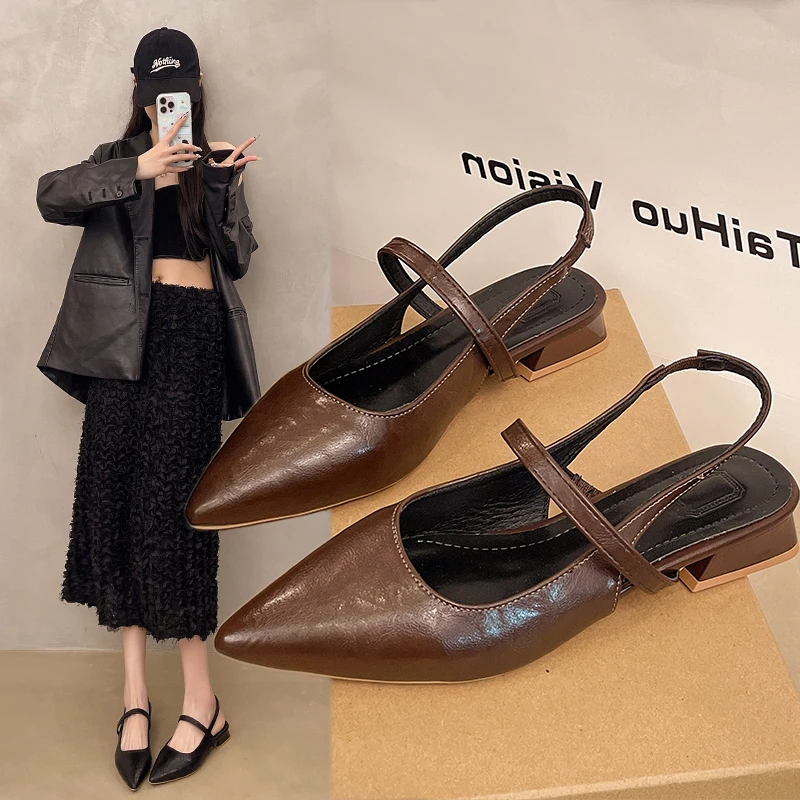 New Women Baotou Patent Leather One Line Buckle Strap Cat Heel Sandals Female Sexy Black Silk Pointed Thin Heel Flat Shoes