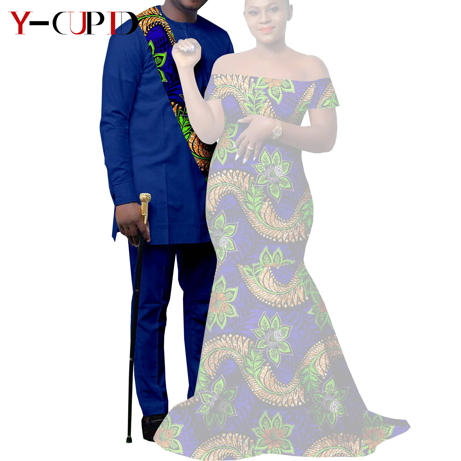 African Clothes for Couples Bazin African Print Long Dresses for Women Match Men Outfits Dashiki Top and Pants Sets Y22C023