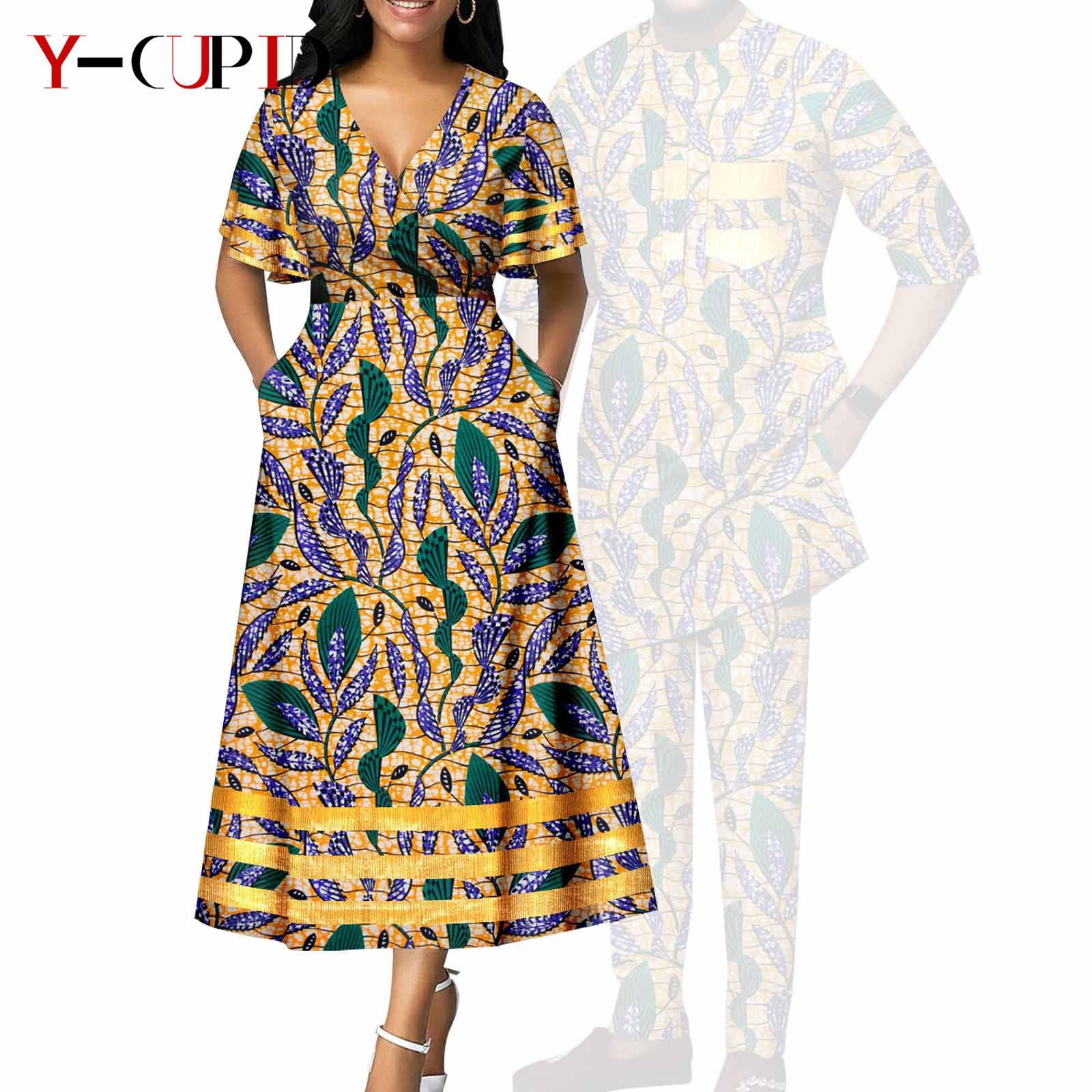 African Print V-neck Dresses for Women Couple Matching Men Outfits Top and Pant Sets Dashiki Bazin Riche Lover Outwear Y23C086