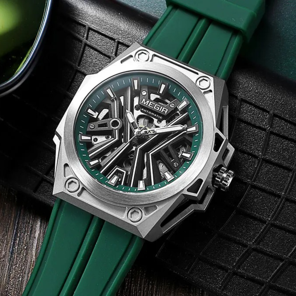 MEGIR 8603 Fashion Automatical Watch for Men Military Sport Waterproof Mechanical Skeleton Dial Silicone Strap Watches for Man