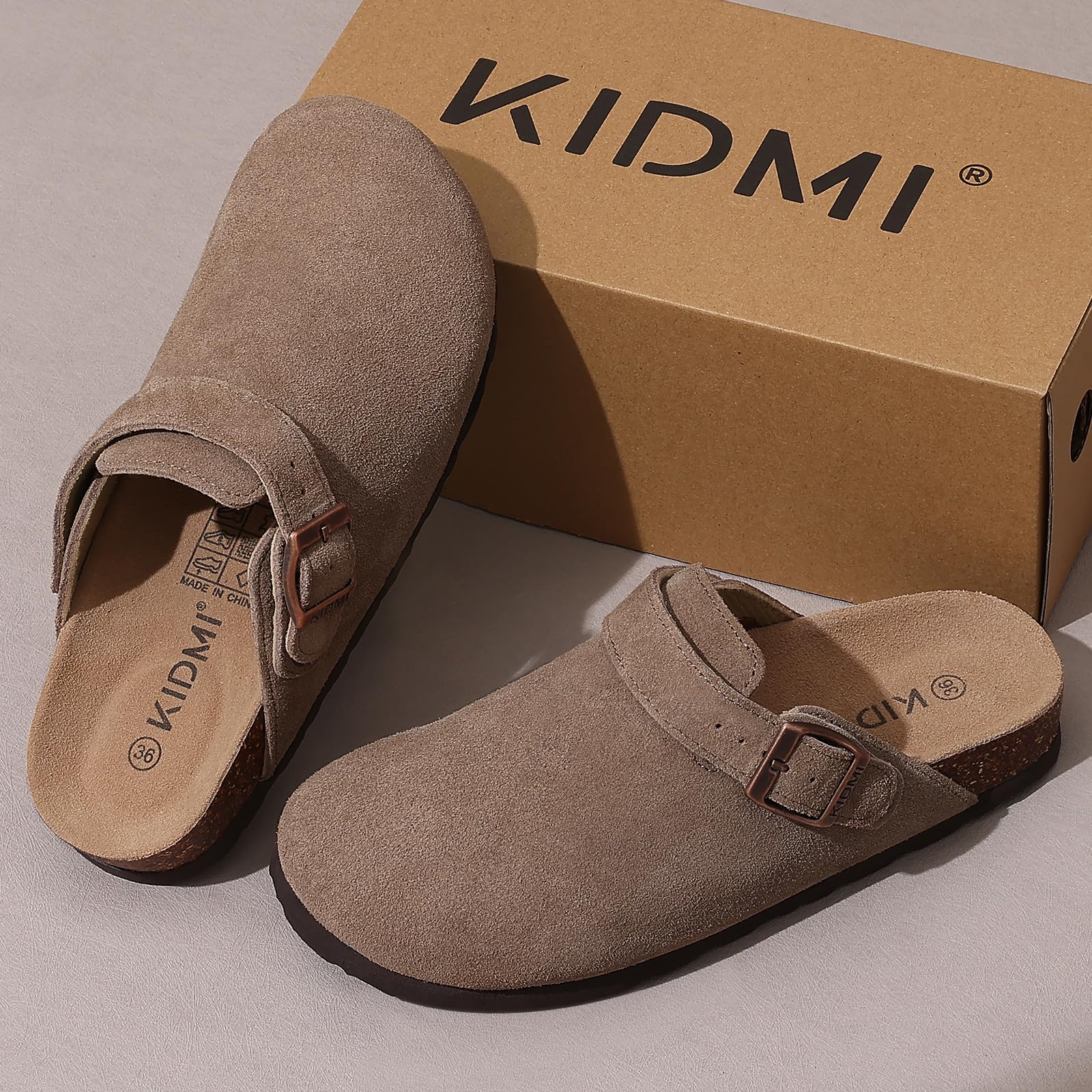 Crestar Women's Suede Clogs with Adjustable Strap Fashion Cork Footbed Genuine Leather Mules New Comfort Slip on Potato Shoes