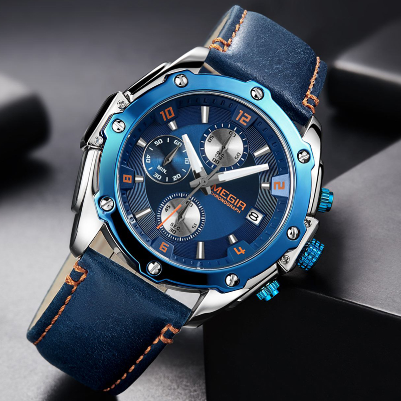 Men's Army Military Wrist Watch MEGIR Men Luxury Blue Watch Leather Sports Watches Mens Business Waterproof Quartz Clock Relogio