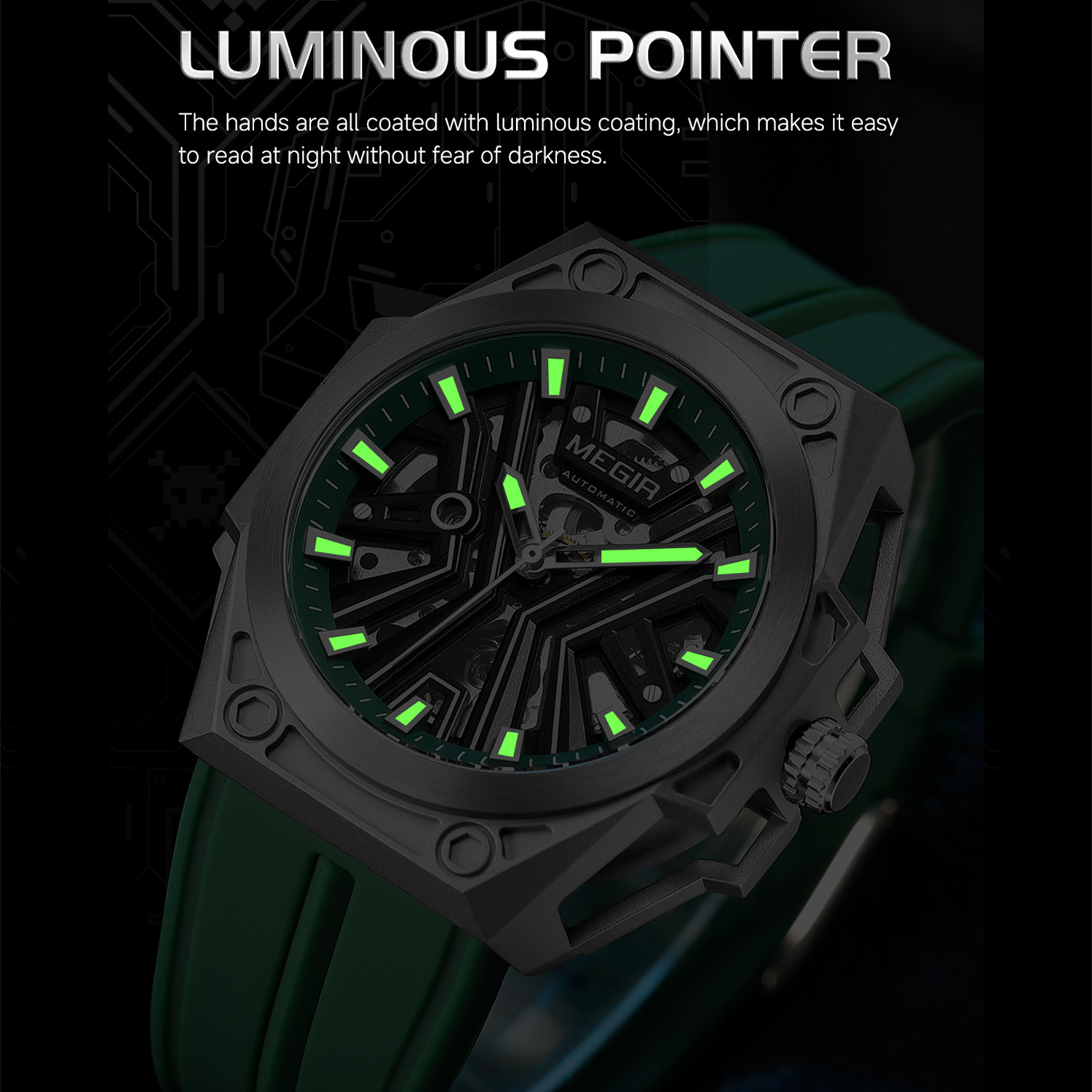 MEGIR New Stainless Steel Case Skeleton Mechanical Watch Waterproof Luminous Men Fully Automatic Wristwatch Silicone Strap Watch
