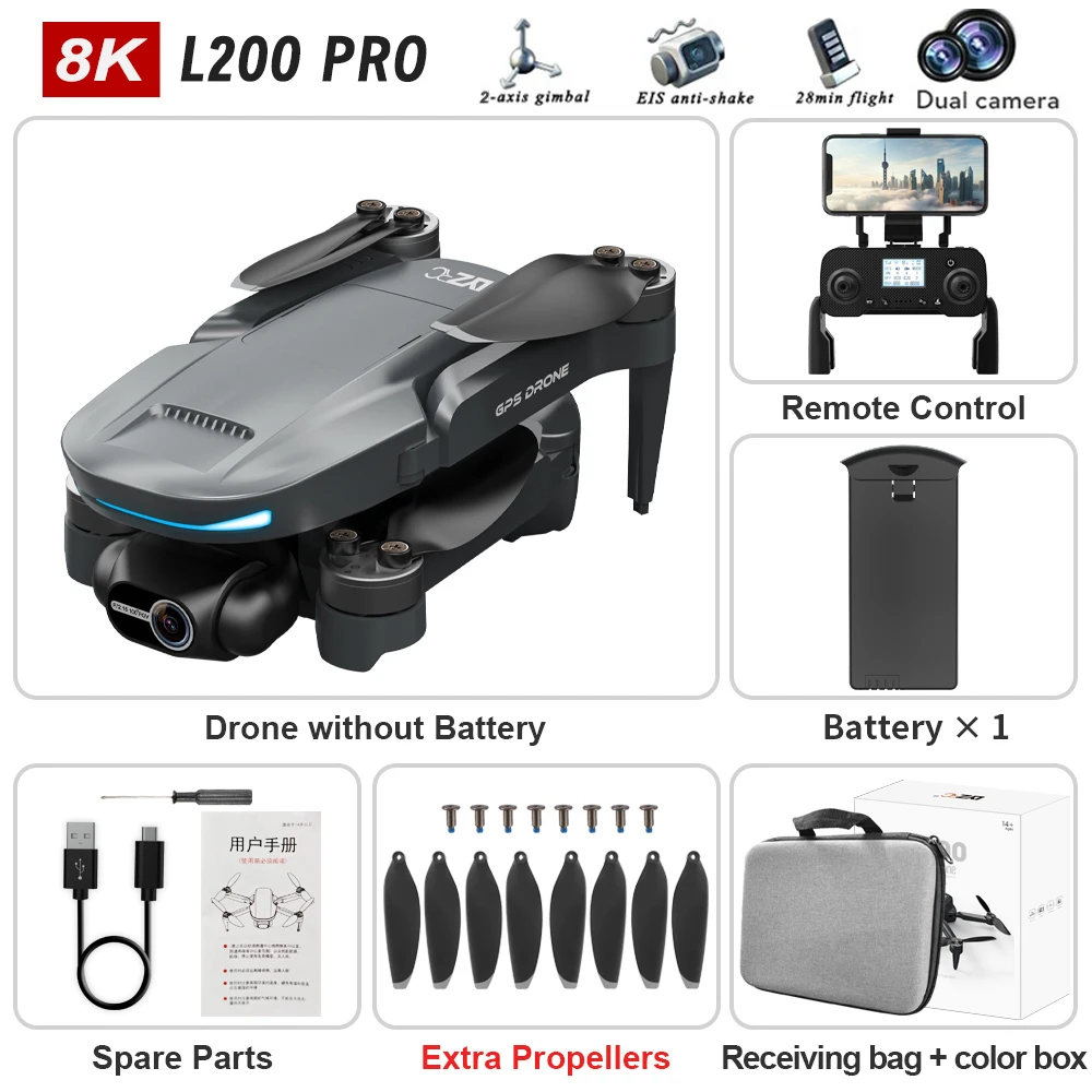 New L200 PRO MAX 4K Professional Drone GPS EIS Dual Camera Obstacle Avoidance Flight 2-axis PTZ Brushless Helicopter GPS RC toys