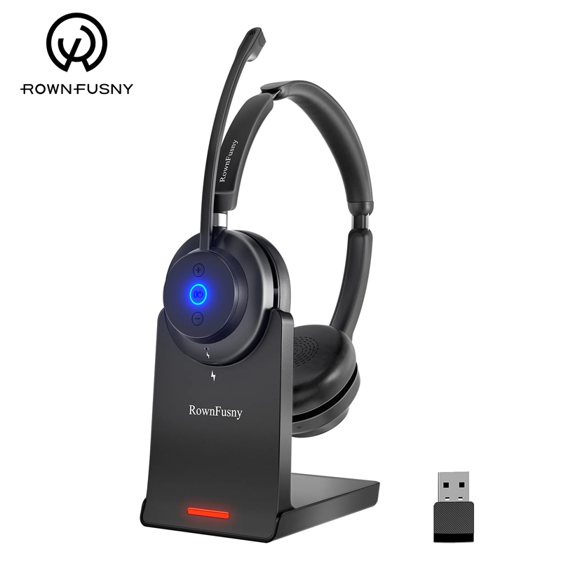 Rownfusny R02 Wireless Headset with Mic for Work USB Dongle Bluetooth Over Ear Headphones for Call Center Noise Cancelling