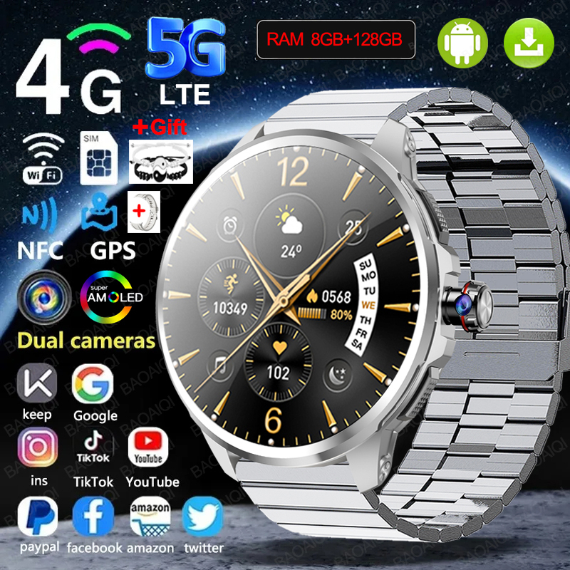 5G/4G All-Network Smart Watch 1.95 inch AMOLED 2100mah Battery 8GB+128GB RAM 900W Camera GPS WIFI Google APP Download Smartwatch