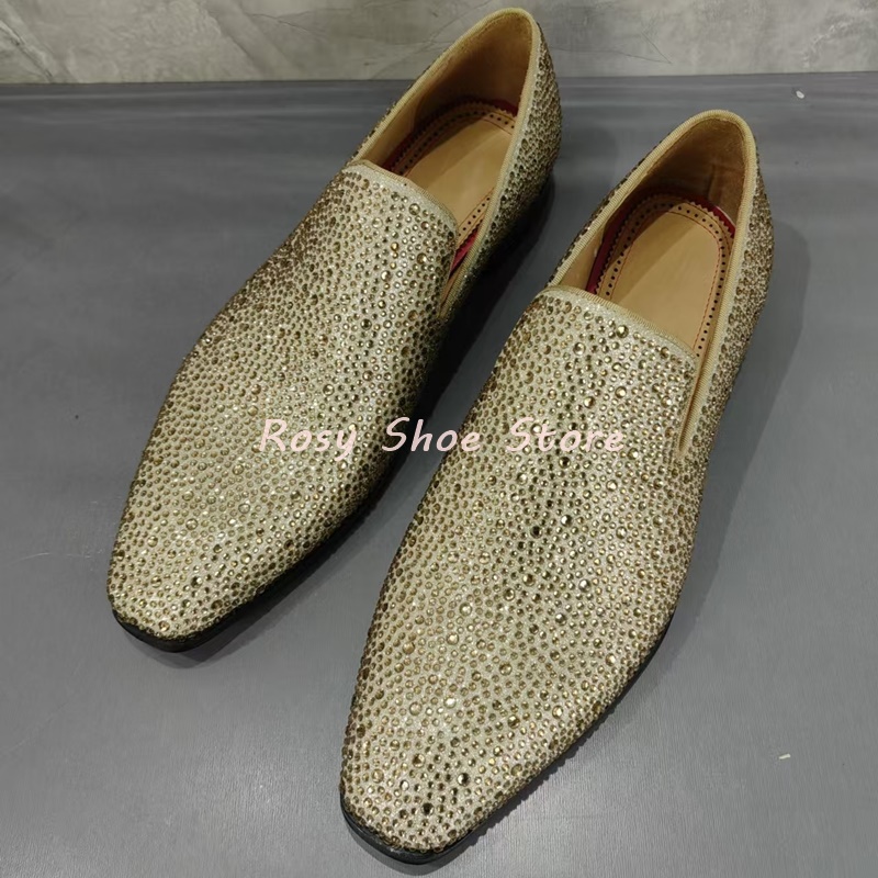 Men's Multicolor Luxury Handmade Diamond Loafers Pointed Toe Leather Rhinestones Slip On Fashion Flat Shoe Versatile Party Shoes