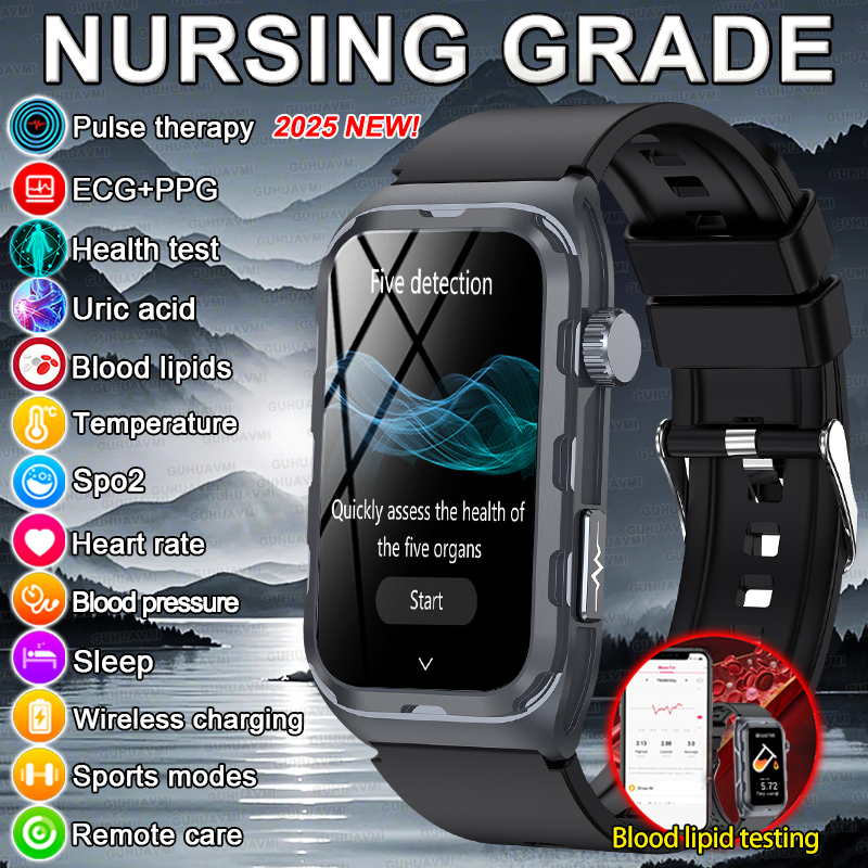 2025 New Nursing Grade ECG+PPG Pulse therapy Smartwatch Men Blood lipid Uric acid Bluetooth call Health Bracelet For Android iOS