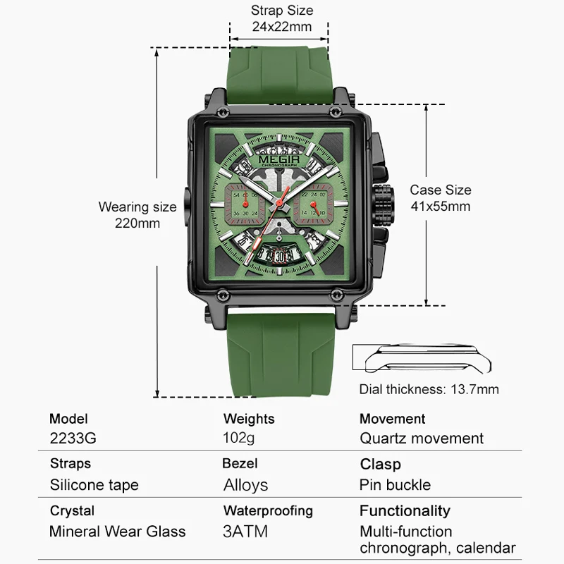 MEGIR 2233 Fashion Silicone Strap Luxury Square Watch Men's Watch Disc Quartz Chronograph Calendar Waterproof Watches for Men