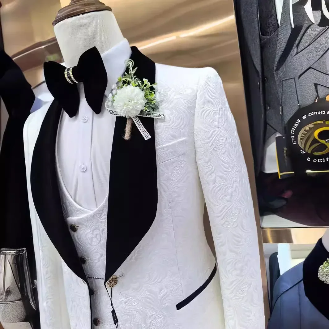 3 Pcs Floral Wedding Suits for Men Slim Fit Shawl Lapel Groom Tuxedo Groomsmen Formal Prom Suit Jacket with Pants Vest 2025