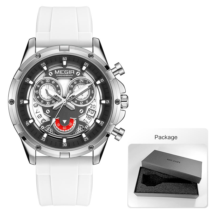 MEGIR Men's Quartz Watch with White Silicone Strap Luminous Hands Fashion Sport Waterproof Chronograph Wristwatch with Calendar