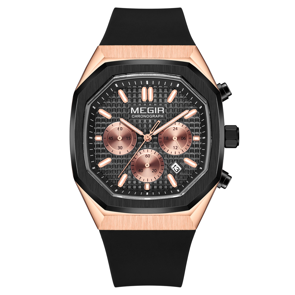 MEGIR Octagon Dial Silicone Strap Watch for Men Casual Yellow Chronograph Quartz Male Student Wristwatch with Date 24-hour 2215