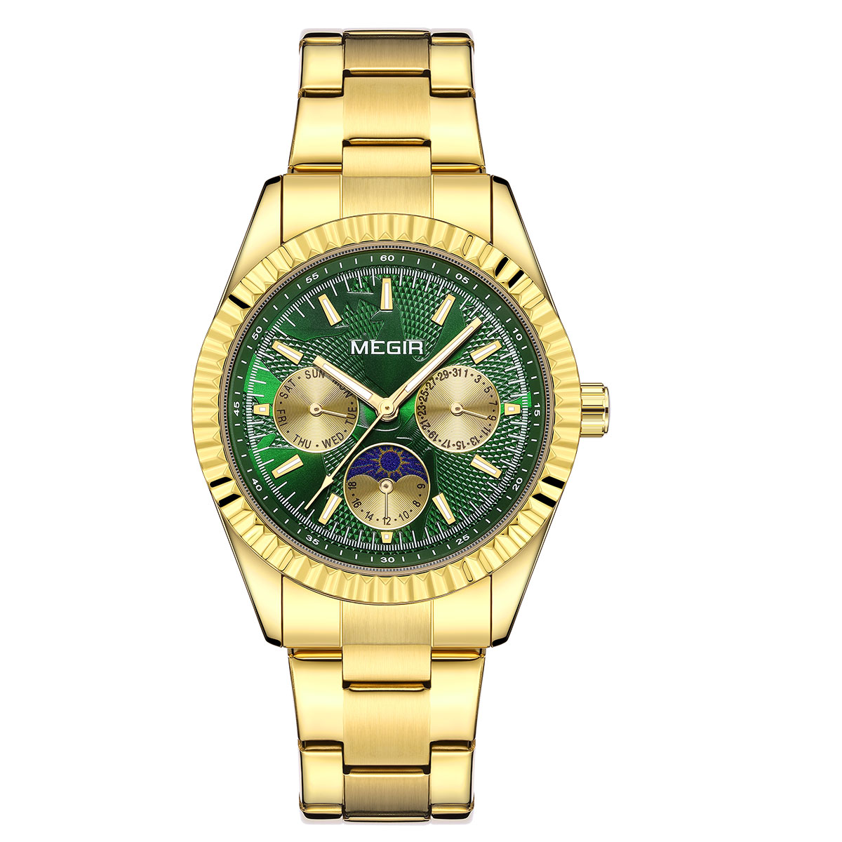 MEGIR Men's Quartz Watch with Stainless Steel Strap Fashion Business Style Wristwatch with Day Date 24-Hour Moon Phase Function