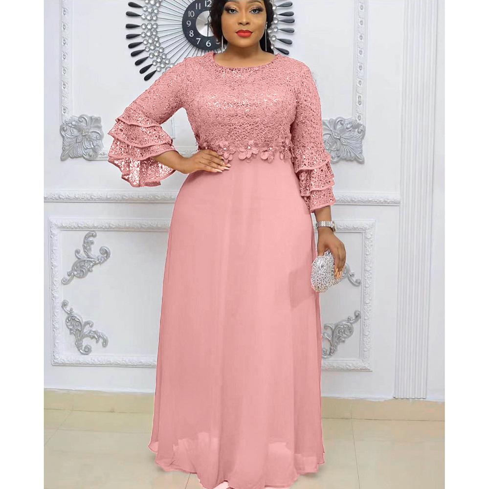 Customized African Wedding Party Dreses for Women Spring Autumn African Short Sleeve V-neck Polyester Green Pink Red Long Dress