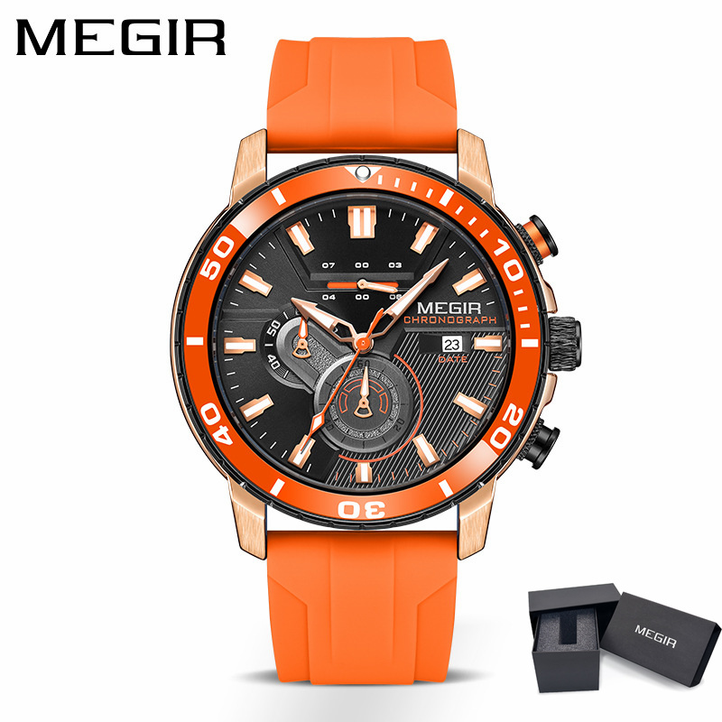 MEGIR 2224 Men Quartz Watch Sport Fashion Creative Cool Orange Silicone Strap Chronograph Luminous Date Wristwatch for Male