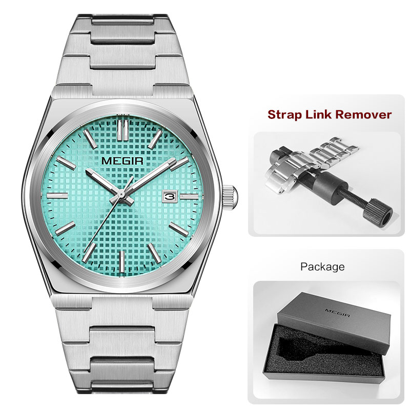 MEGIR Fashion Analog Quartz Watch for Men Steel Strap Dress Waterproof Luminous Wristwatch with Calendar Aquamarine Dial 1086