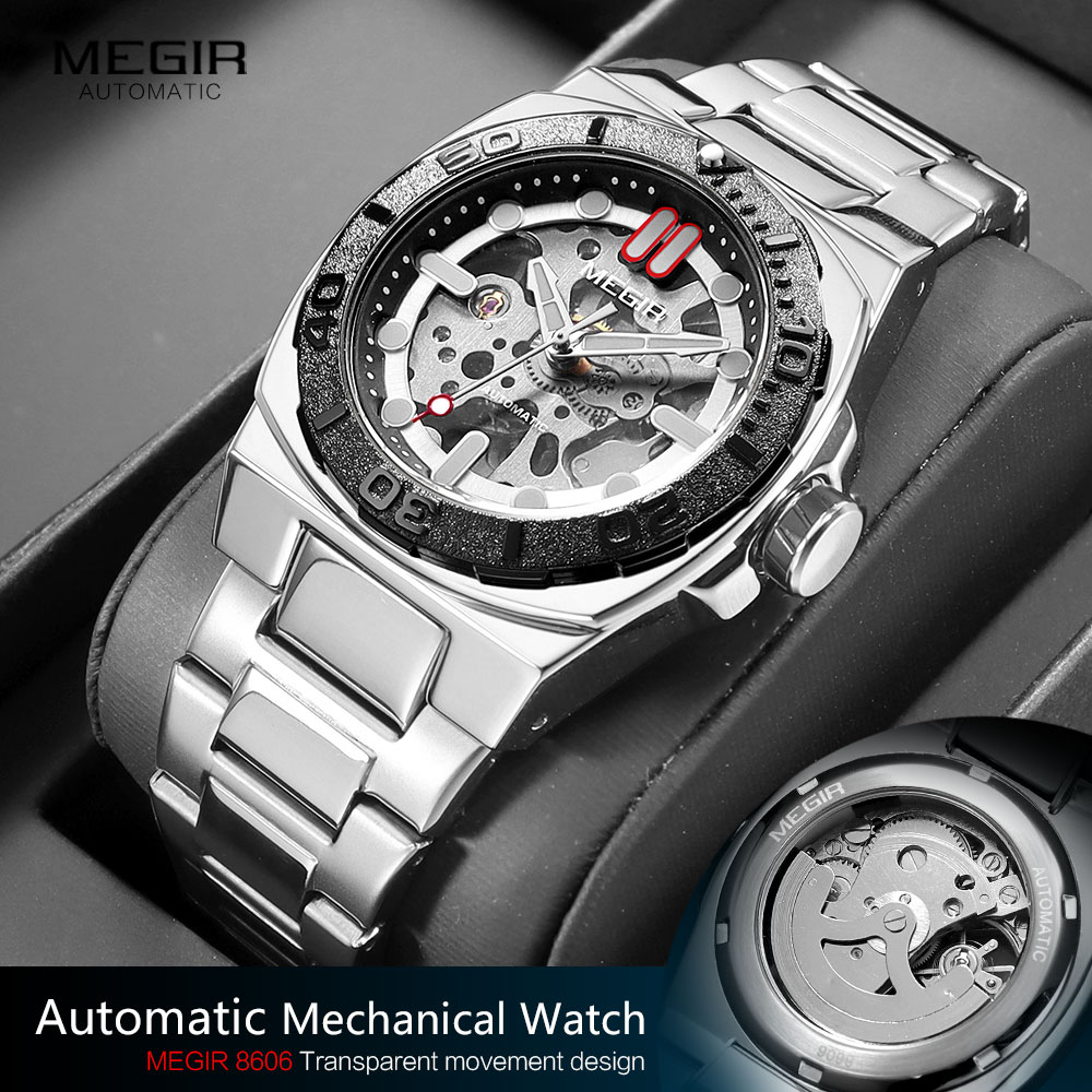 MEGIR Business Style Watch for Men Fashion Automatic Mechanical Wristwatch with Transparent Skeleton Dial & Stainless Steel Band