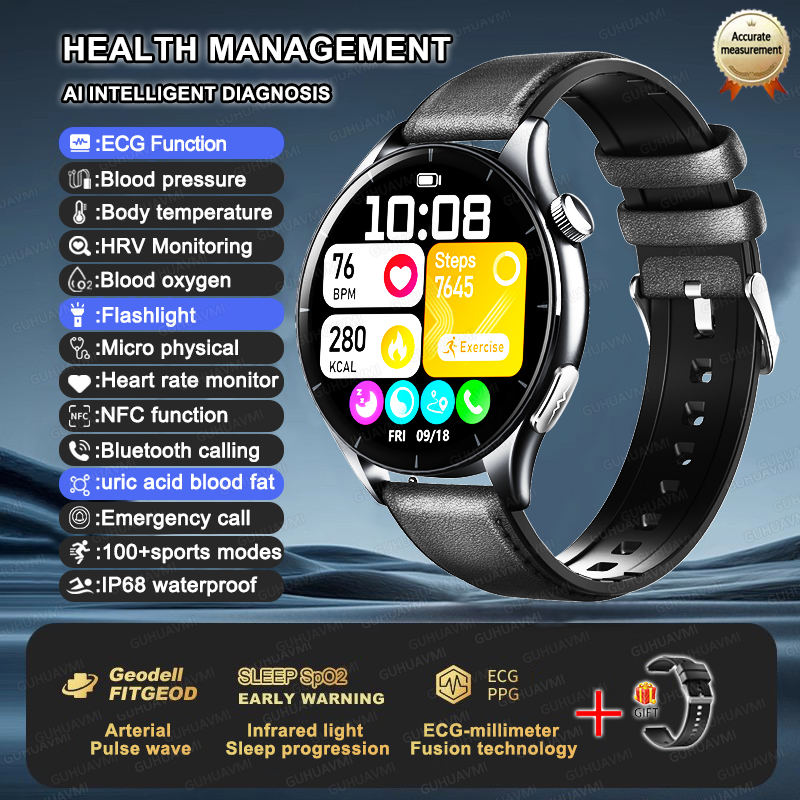 2025 New NFC  Health MonitorUric Acid Blood Pressure Blood oxygen Body Analysis Smart Watch ECG+PPG Clock Smartwatch Men lady