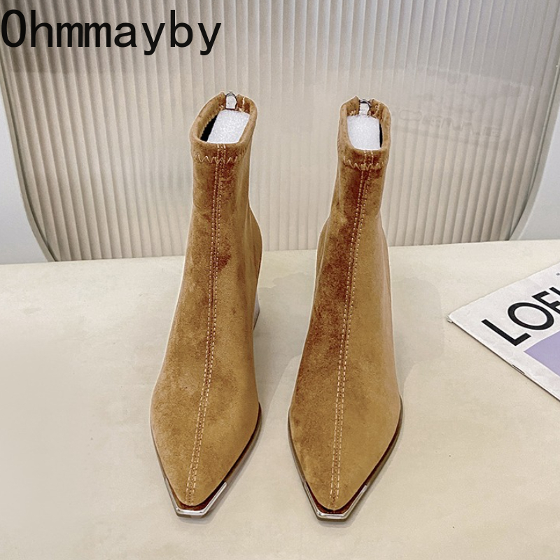 Winter Women Thick Heel Ankle Boots Fashion Pointed Toe Mordern Short Booties Street Style Party Stripper Female Shoes