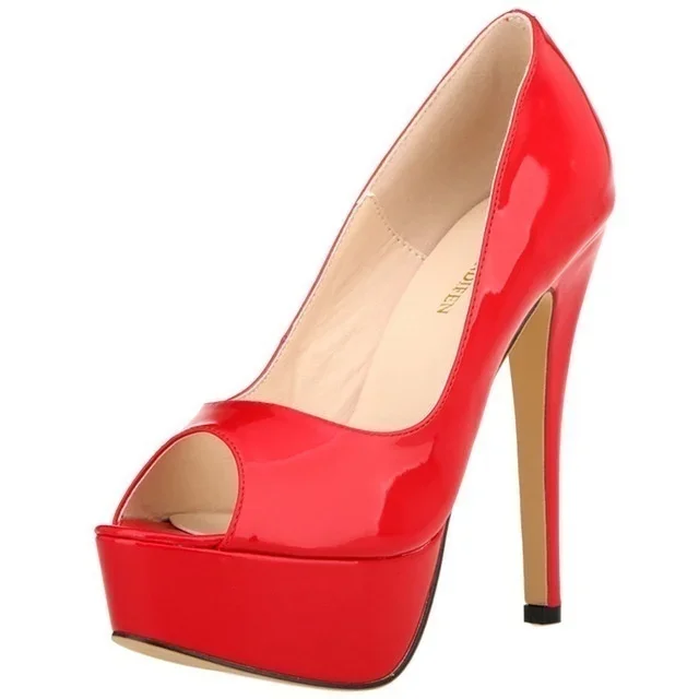 2025 New Women Pumps Sexy Platform Peep Toe 14cm Extremely High Heels Stiletto Patent Leather Party Nighclub Red Wedding Shoes