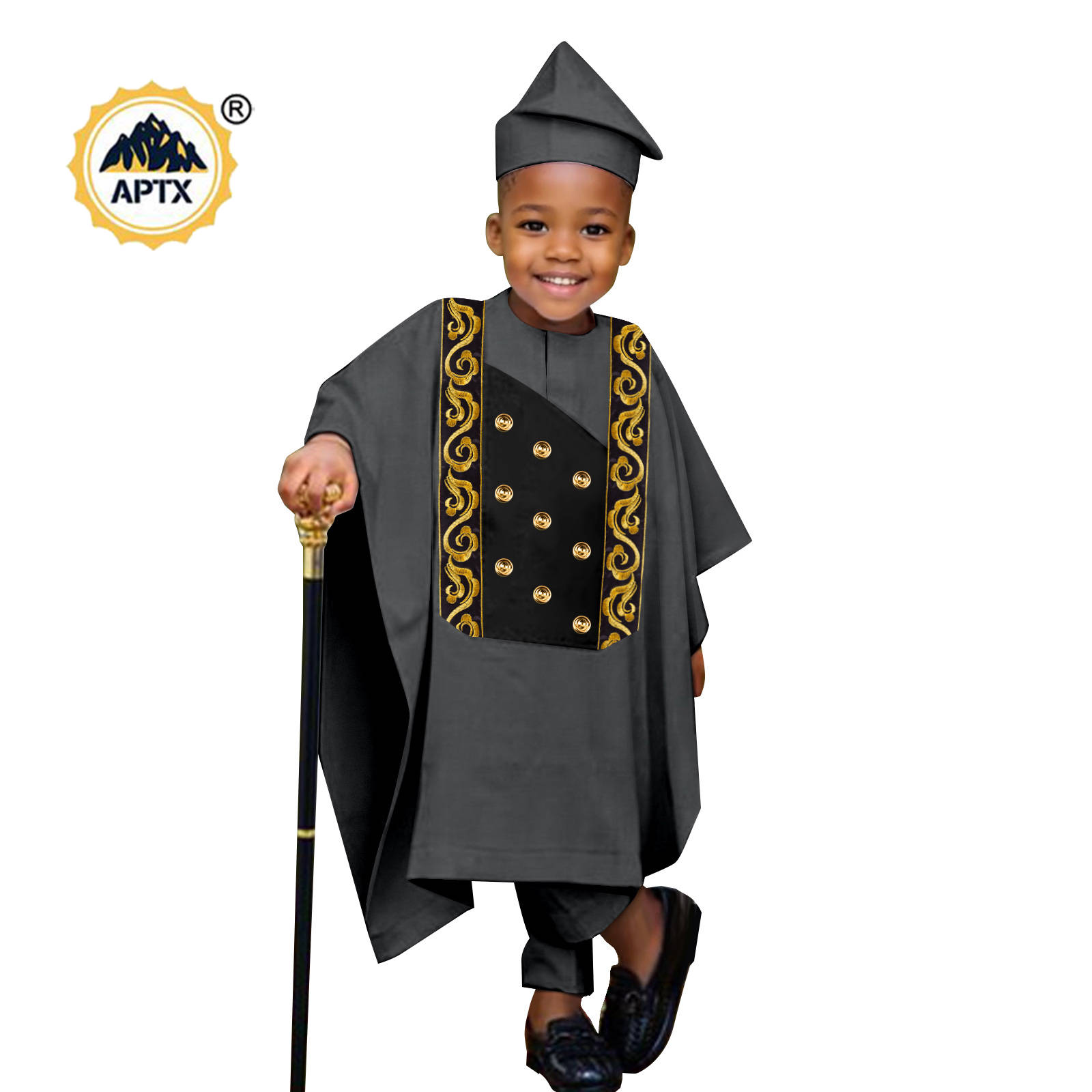 Africa Clothes for Boy Outfits Embroidery Button Robe Top and Pants Matching Hat Bazin Riche Children Kid Muslim Sets 2446044