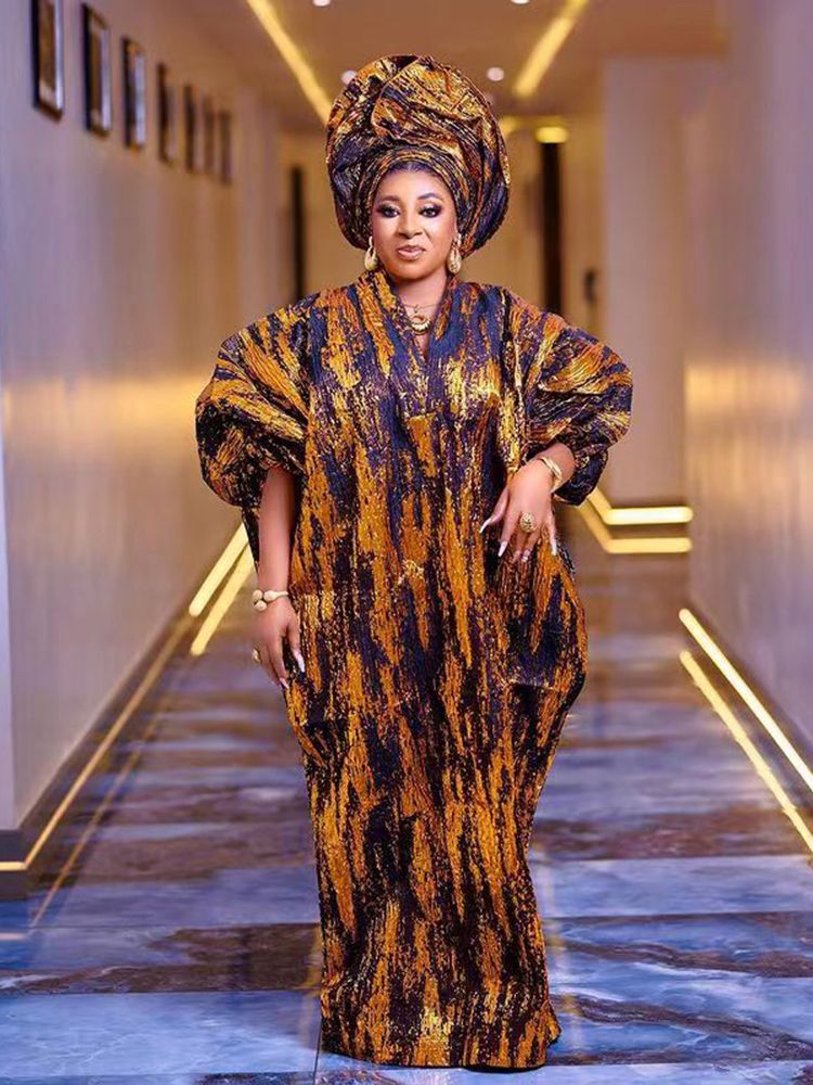 Fashion african dresses for woman BOUBOU custom bronzed jacquard fabric V-neck bat sleeve Dresses for chubby women