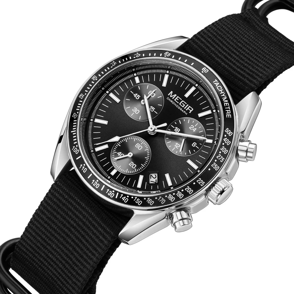 MEGIR New Luxury Men's Watches Canvas Weaving Strap Sport Automatic Chronograph Quartz Waterproof Wristwatch for Male 2247