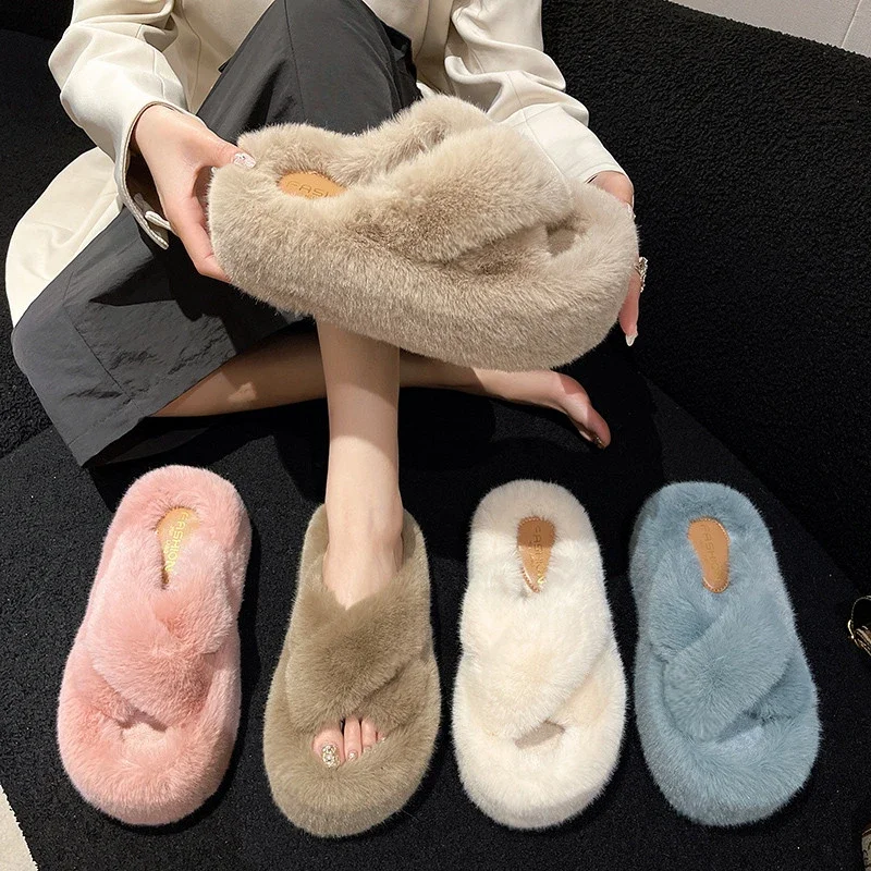 Woman Furry Ladies Faux Fur Luxury Fluffy Plush Slipper House Soft Fuzzy Girl Platform Indoor Flat Casual Sabot Round Toe Winter