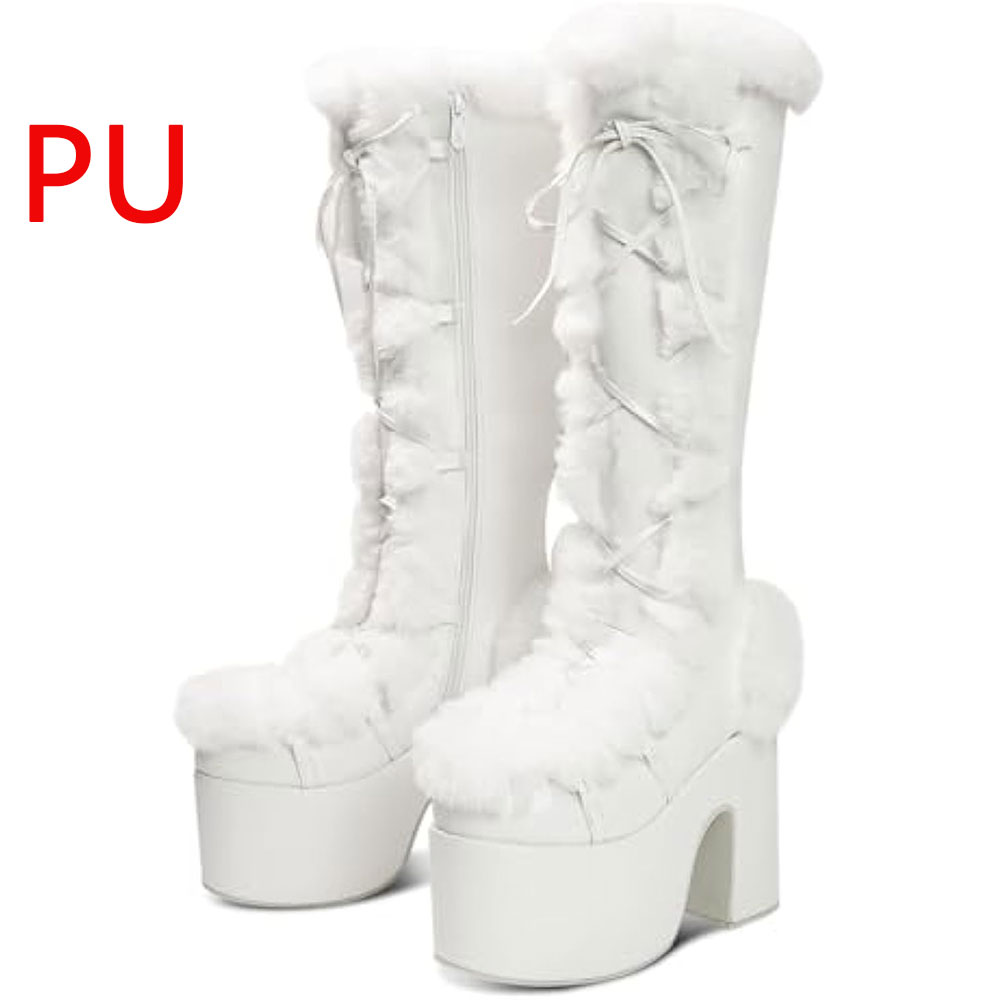 Big Size 46 Winter y2k Pink Knee High Boots Women White Chunky Platform Boots Gothic Black Faux Fur Block High Heels Boots Shoe