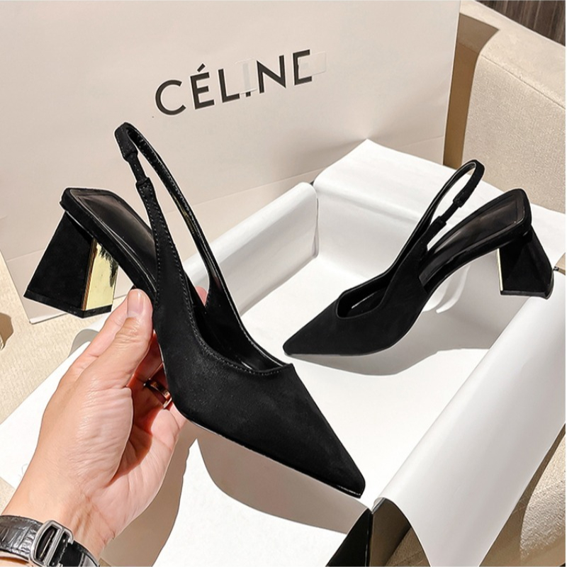 Pointed High-heeled Single Shoes Femininity 2025 New Spring and Summer Thick Heel Simple Back Empty Bag Head Sandals