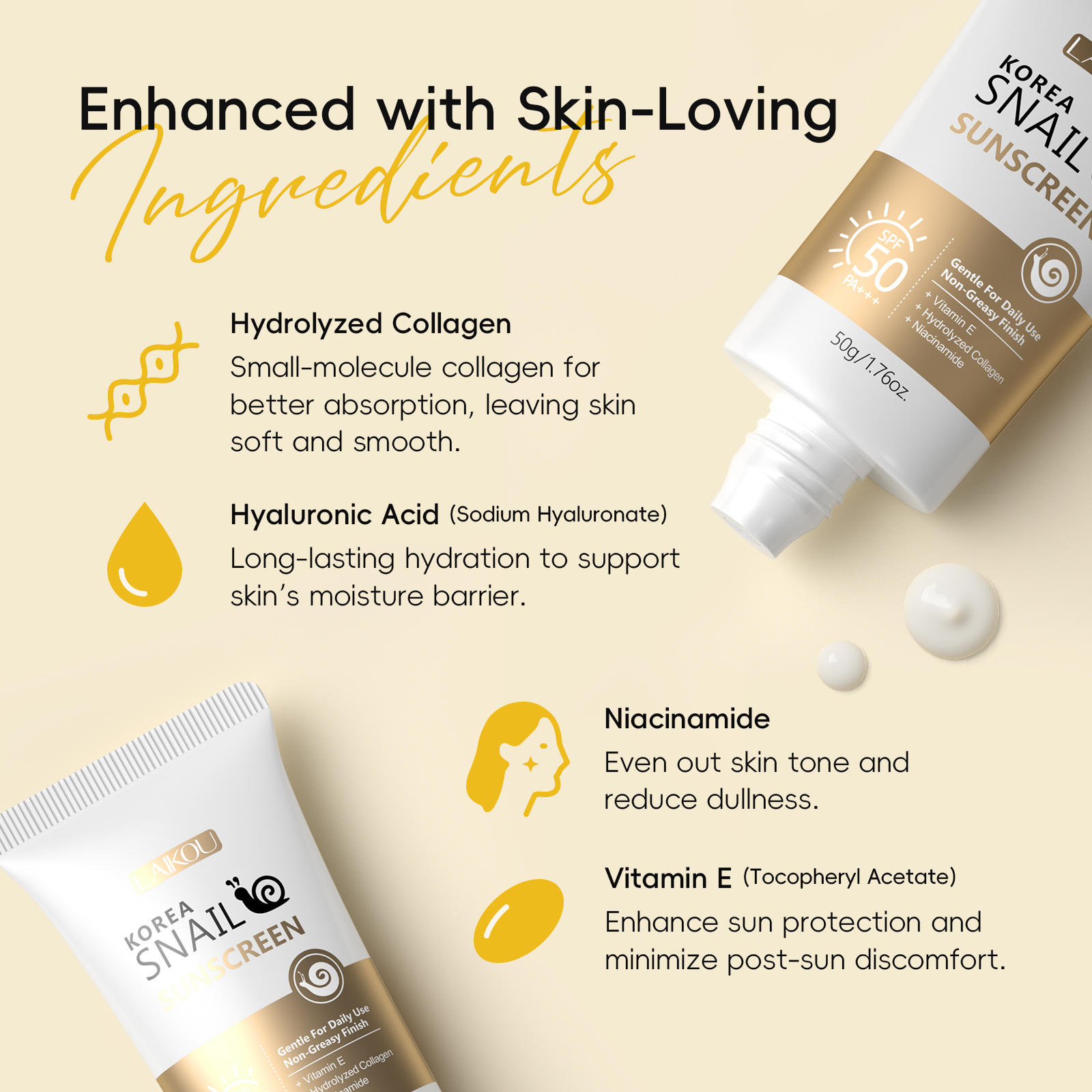 LAIKOU Snail Sunscreen SPF50 PA+++ Moisturizing Age Defense Korean Beauty Product 50g