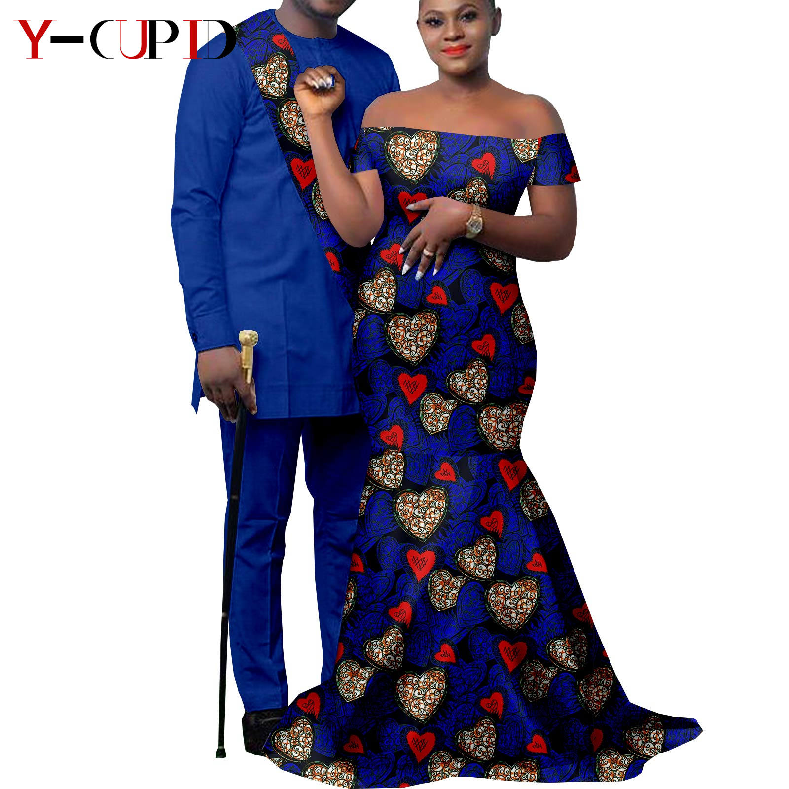 African Clothes for Couples Bazin African Print Long Dresses for Women Match Men Outfits Dashiki Top and Pants Sets Y22C023