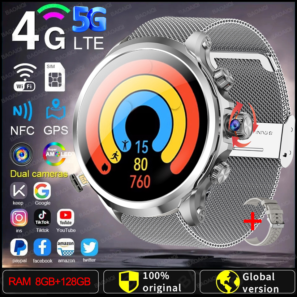 5G/4G Smart Watch 1.95 inch 680*680 AMOLED Screen 8GB+128GB RAM 900W Camera GPS WIFI Google APPS Download Android 9.0 Smartwatch