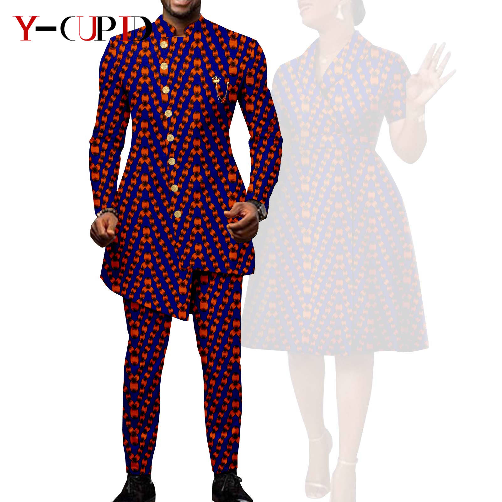 African Suits for Men Single Breasted Fit Jackets Matching Couple Outfits Bazin Riche Dashiki Print Dresses Trench Coats Y23C007