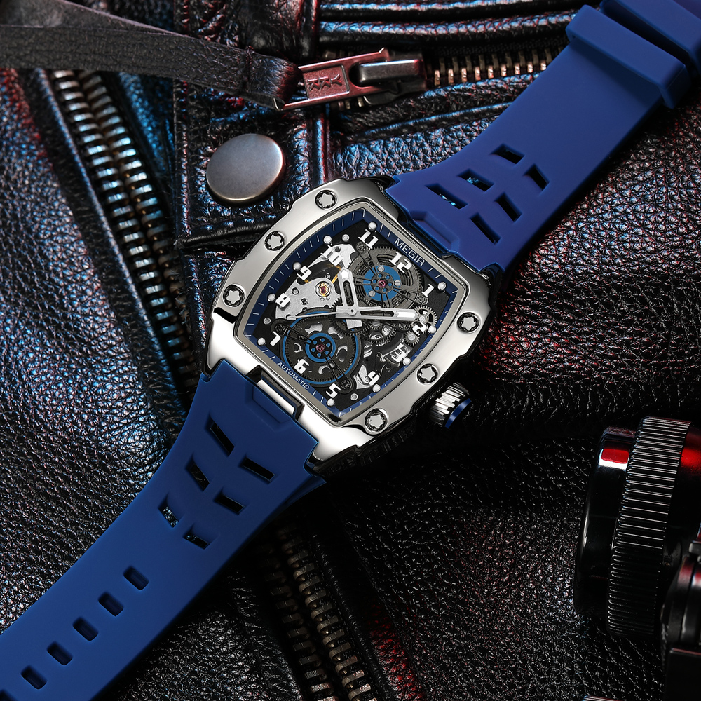 MEGIR Blue Automatic Mechanical Watch for Men Fashion Casual Sport Waterproof Wristwatch Male with Silicone Strap Tonneau Dial