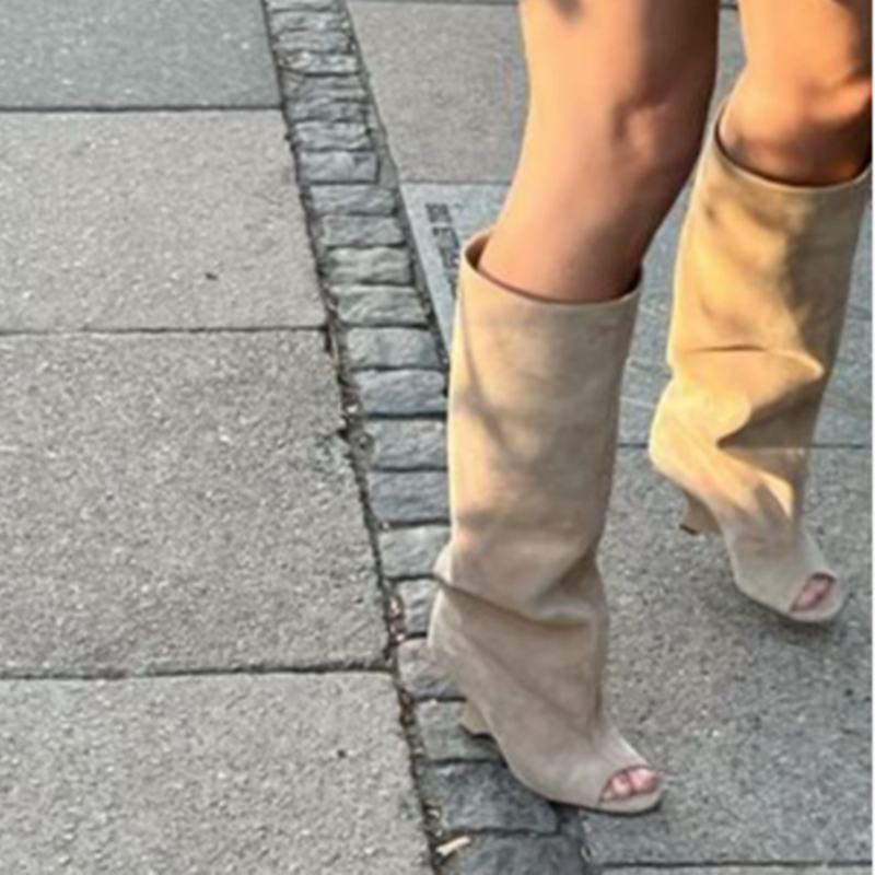 2025 New Peep Toe Long Boots Summer Thick High Heels Women's Knee Boots Large Size Shoes Ladies Slip-on Strange Heels Cool Boots