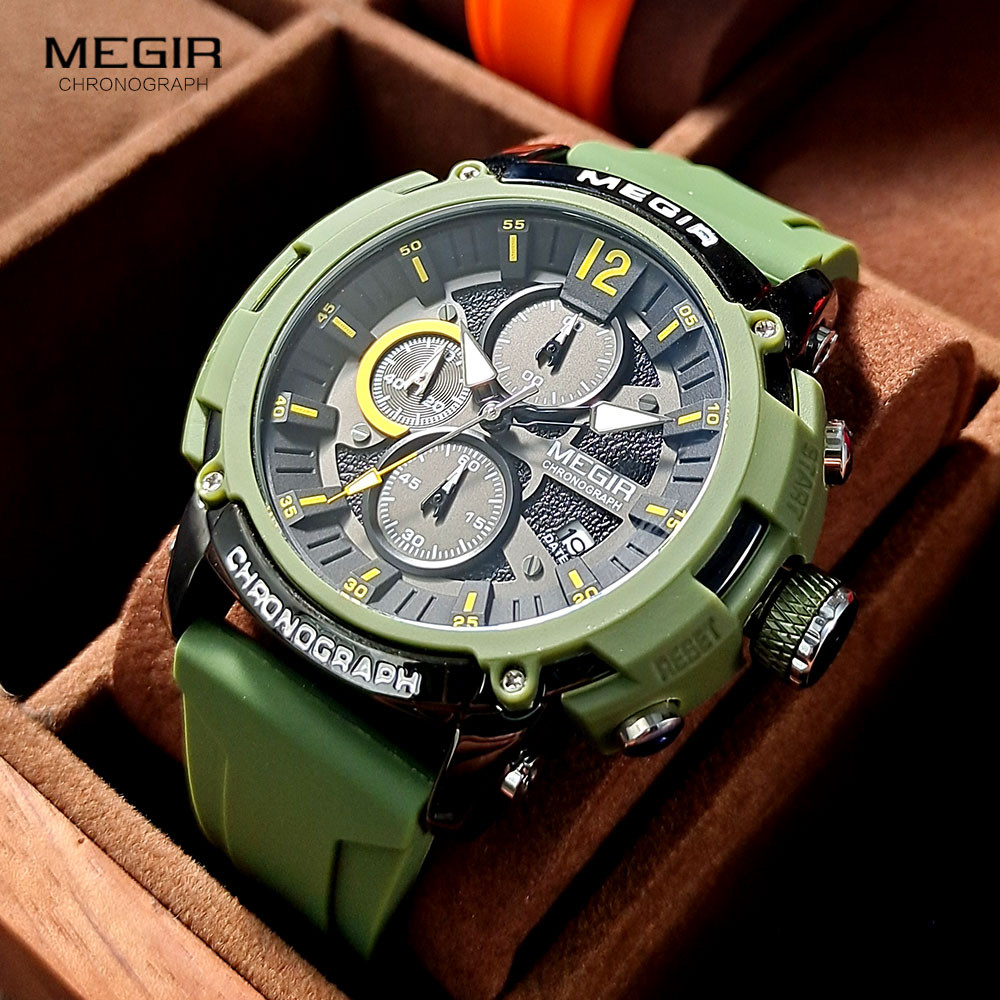 MEGIR Watch for Men Olive Green Military Sport Chronograph Quartz Wristwatch with Auto Date Luminous hands Silicone Strap 2208