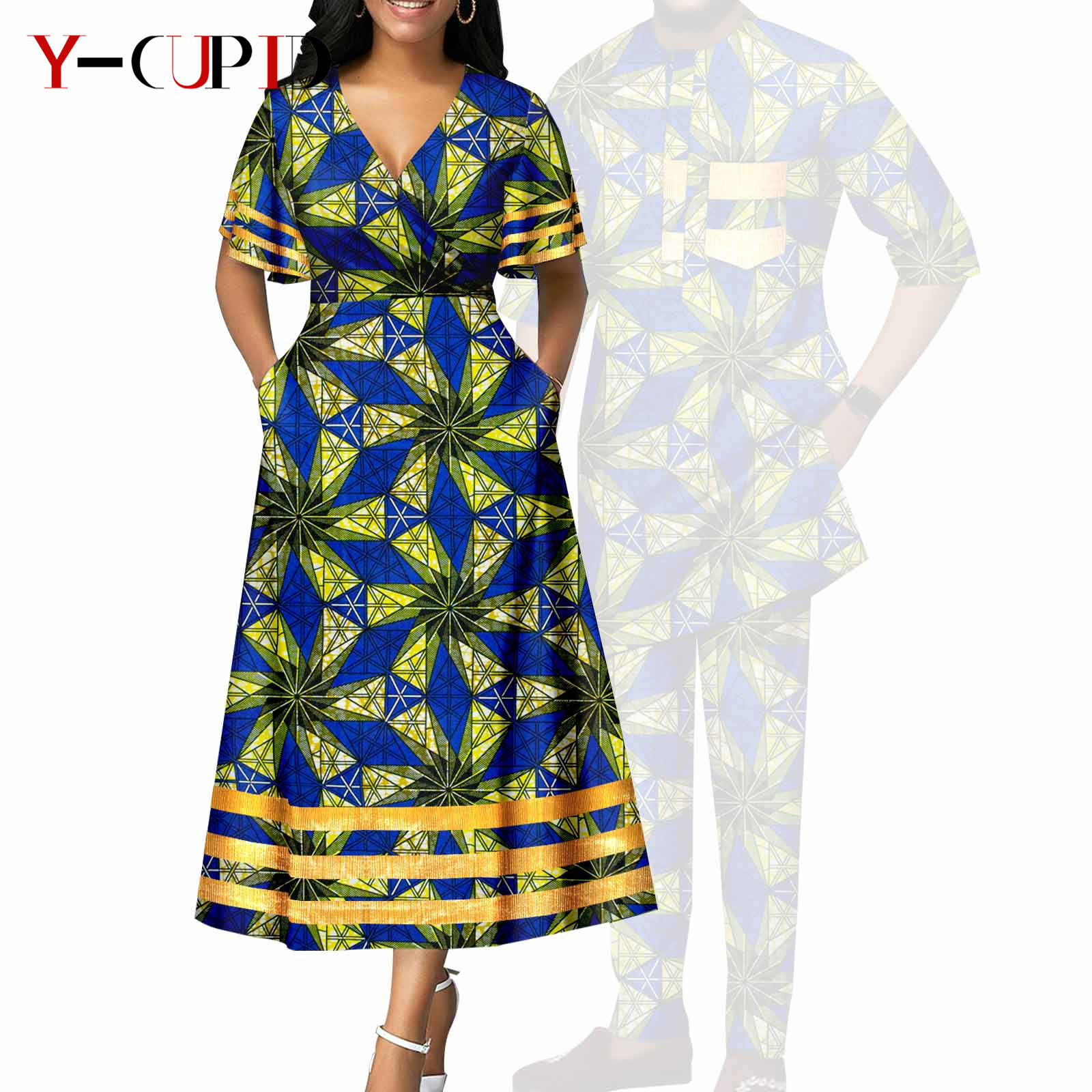 African Print V-neck Dresses for Women Couple Matching Men Outfits Top and Pant Sets Dashiki Bazin Riche Lover Outwear Y23C086
