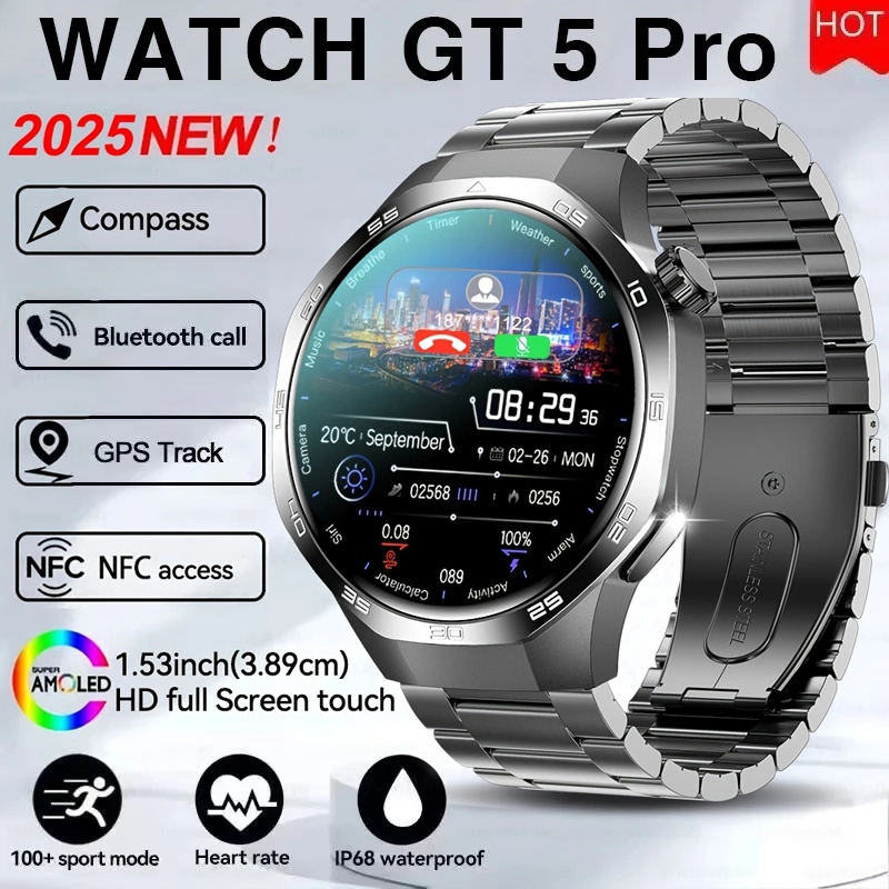 2025 For HUAWEI GT5 Pro GPS Track Smart Watch Men 360*360 AMOLED Screen NFC BT Call Waterproof Health Monitor Man Smartwatches