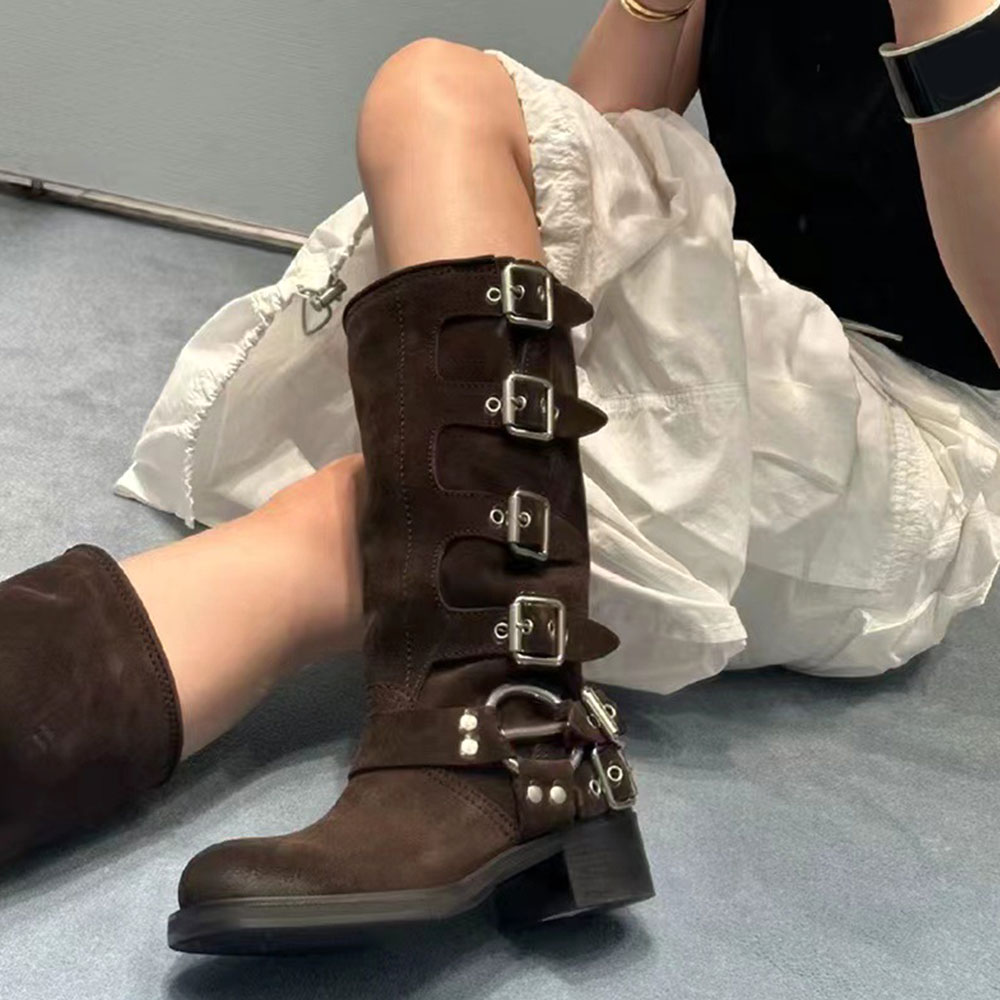 Brand New Wasteland Vintage y2k Motorcycle Boots Maillard style Brown Buckle Belt Straps Knee High Boots Women Cowboy Boot Shoes