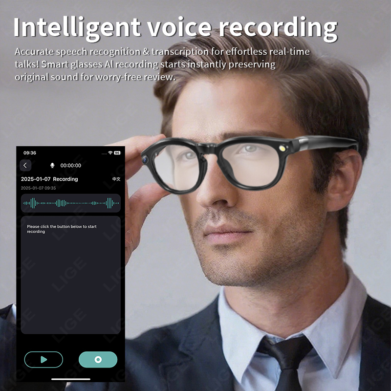 LIGE 4K 800W HD Camera Smart Glasses Recording Videos 290mAh AI Photo Recognition Chat Translation Bluetooth Photochromic Lenses