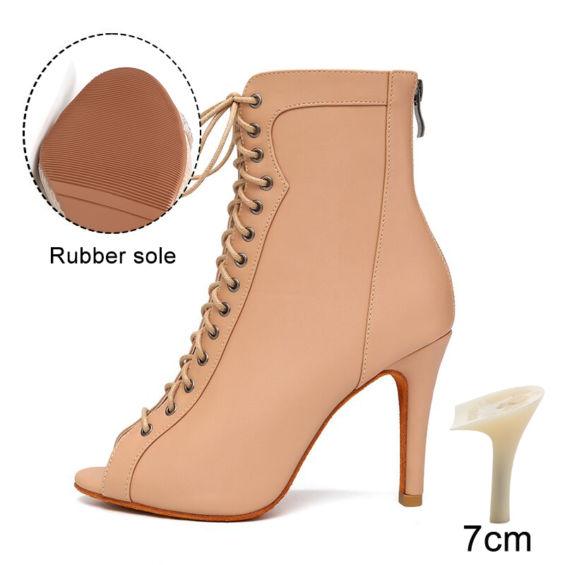 HROYL High Heel Dance Shoes Woman Beige Black Latin Dance Booties Women Open Toe Lace Up Stiletto Boots for Girls Suede Sole