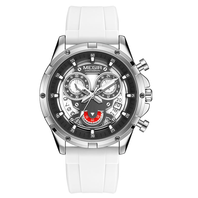 MEGIR Men's Quartz Watch with White Silicone Strap Luminous Hands Fashion Sport Waterproof Chronograph Wristwatch with Calendar
