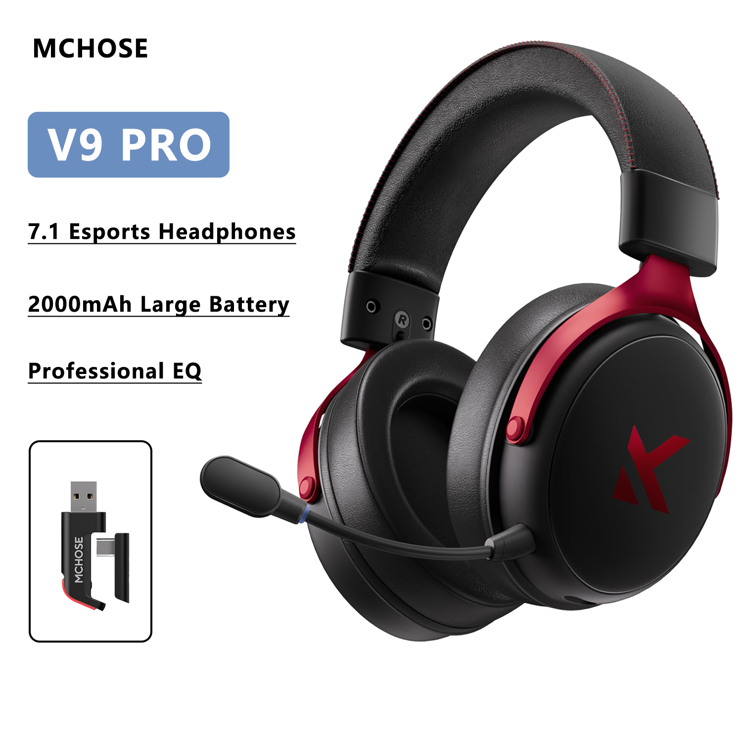 MCHOSE V9 Pro Wireless Gaming Headset Tri-Mode 7.1 Surround 53mm Driver Noise Cancel Mic EQ PC PS5 PS4 Switch Large Battery