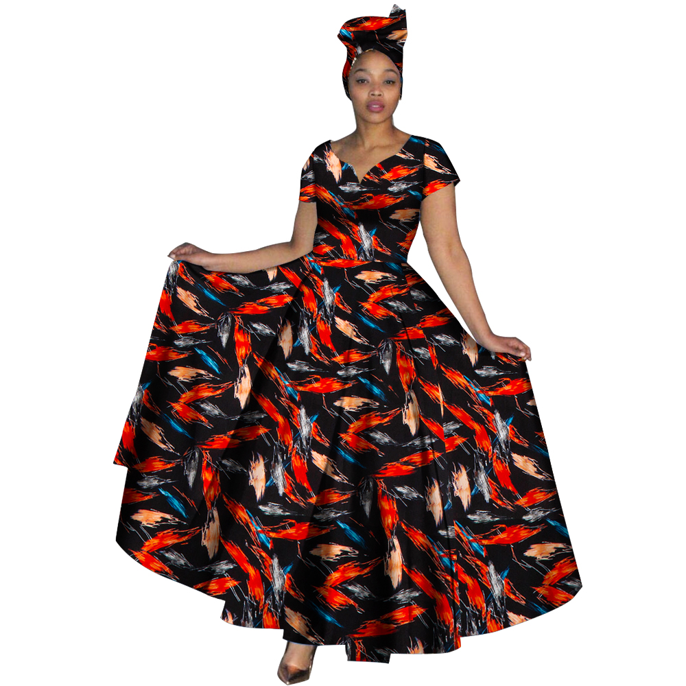 Fashion Women Clothes African Dresses Ankara Print V-neck Maix Long Dresses with Head Scarf Dashiki Women Outfit WY749